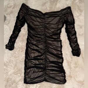 Black/Nude Off-Shoulder Ruched Mini Dress